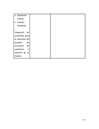 153 
 Aceptación cultural. 
 Impacto ambiental. 
Integración de contenidos para el desarrollo del proyecto de innovación de carpintería e industria de la madera. 
 