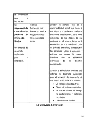 156 
la información para la innovación. 
La responsabilidad social en los proyectos de innovación técnica 
Los criterios del desarrollo sustentable para la innovación. 
Técnica 
Formas de vida 
Innovación técnica 
Proyecto técnico 
Responsabilidad social 
Debatir en plenaria cuál es la responsabilidad social que tiene la carpintería e industria de la madera al desarrollar innovaciones, para tomar conciencia de los efectos de sus acciones en el entorno tanto en lo económico, en lo sociocultural, como en el medio ambiente y en la salud de las personas. Llegar a acuerdos y entregar un ensayo de manera individual con las reflexiones derivadas de lo discutido grupalmente. 
Analizar y seleccionar técnicas bajo criterios del desarrollo sustentable para el proyecto de innovación de carpintería e industria de la madera: 
 La planeación participativa. 
 El uso eficiente de materiales. 
 El uso de fuentes de energía no contaminante y materiales reciclados. 
 Los beneficios sociales. 
5.2 El proyecto de innovación  