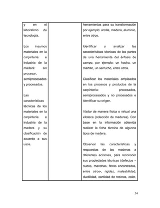 54 
y en el laboratorio de tecnología. 
Los insumos materiales en la carpintería e industria de la madera: sin procesar, semiprocesados y procesados. 
Las características técnicas de los materiales en la carpintería e industria de la madera y su clasificación de acuerdo a sus usos. 
herramientas para su transformación por ejemplo: arcilla, madera, aluminio, entre otros. 
Identificar y analizar las características técnicas de las partes de una herramienta del énfasis de campo, por ejemplo: un hacha, un martillo, un serrucho, entre otros. 
Clasificar los materiales empleados en los procesos y productos de la carpintería: procesados, semiprocesados y no procesados e identificar su origen. 
Visitar de manera física o virtual una xiloteca (colección de maderas). Con base en la información obtenida realizar la ficha técnica de algunos tipos de madera. 
Observar las características y respuestas de las maderas a diferentes acciones, para reconocer sus propiedades técnicas (defectos – nudos, manchas, fibras encontradas, entre otros-, rigidez, maleabilidad, ductilidad, cantidad de resinas, color,  