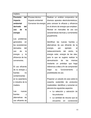 61 
madera. 
Previsión del impacto ambiental derivado del uso de la energía 
Los problemas generados en los ecosistemas derivados del uso de la energía y la eficiencia de los conversores. 
El uso eficiente de la energía y fuentes no contaminantes en la carpintería e industria de la madera. 
Las nuevas fuentes y alternativas de uso eficiente de 
Proceso técnico 
Impacto ambiental 
Conversor de energía 
Realizar un análisis comparativo de diversos aparatos electrodomésticos, para conocer la eficacia y eficiencia en el ahorro de energía que emplean. Revisar en manuales de uso sus características técnicas y comentarlas grupalmente. 
Identificar las nuevas fuentes y alternativas de uso eficiente de la energía, por ejemplo: el redescubrimiento del viento, la energía solar, energía de las olas, para lo que se sugiere realizar la demostración de las mismas mediante un prototipo que haga referencia a ellas a fin de comprender mejor su funcionamiento y posibilidades de uso. 
Proponer un estudio de caso sobre la cosecha sostenible de productos maderables: identificar y comentar en plenaria los siguientes aspectos: 
 La selección y valoración de los productos 
 La cantidad de recurso que se encuentra en condiciones  