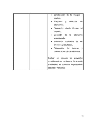 75 
 Construcción de la imagen – objetivo. 
 Búsqueda y selección de alternativas. 
 Planeación: diseño técnico del proyecto. 
 Ejecución de la alternativa seleccionada. 
 Evaluación cualitativa de los procesos y resultados. 
 Elaboración del informe y comunicación de los resultados. 
Evaluar en plenaria los proyectos considerando su pertinencia de acuerdo al contexto, así como sus implicaciones sociales y naturales. 
 