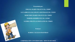 Presentado por:
EDILMA MARIN FRANCO I.D.: 530987
LUZ ADRIANA SALAMANCA BUITRAGO I.D.: 532553
MERCEDES MARIN FRANCO I.D.: 530993
NOHORA RODRÍGUEZ I.D.: 412965
SANDRA MILENAALMONACID I.D.: 530693
Profesor:
HAROL CALLEJAS BASTIDAS
CORPORACIÓN UNIVERSITARIA MINUTO DE DIOS
 