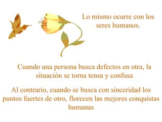 Lo mismo ocurre con los seres humanos. Cuando una persona busca defectos en otra, la situación se torna tensa y confusa Al contrario, cuando se busca con sinceridad los puntos fuertes de otro, florecen las mejores conquistas humanas 
