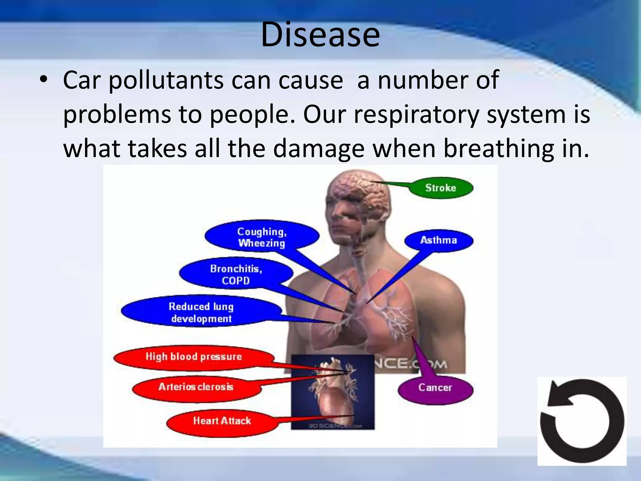Disease
• Car pollutants can cause a number of
problems to people. Our respiratory system is
what takes all the damage when breathing in.
 