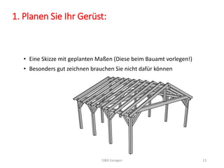 1. Planen Sie Ihr Gerüst: 
• Eine Skizze mit geplanten Maßen (Diese beim Bauamt vorlegen!) 
• Besonders gut zeichnen brauchen Sie nicht dafür können 
D&B Garagen 13 
 