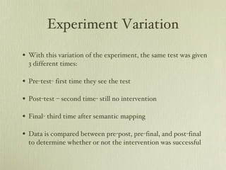 Experiment Variation With this variation of the experiment, the same test was given 3 different times: Pre-test- first time they see the test Post-test – second time- still no intervention Final- third time after semantic mapping  Data is compared between pre-post, pre-final, and post-final to determine whether or not the intervention was successful 