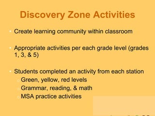 Discovery Zone Activities
• Create learning community within classroom

• Appropriate activities per each grade level (grades
  1, 3, & 5)

• Students completed an activity from each station
   o Green, yellow, red levels
   o Grammar, reading, & math
   o MSA practice activities
 