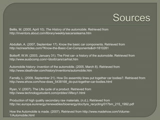 SourcesBellis, M. (2005, April 10). The History of the automobile. Retrieved from http://inventors.about.com/library/weekly/aacarssteama.htm Abdullah, A. (2007, September 17). Know the basic car components. Retrieved from http://ezinearticles.com/?Know-the-Basic-Car-Components&id=1810281Bottorff, W.W. (2003, January 31). The First car- a history of the automobile. Retrieved from http://www.ausbcomp.com/~bbott/cars/carhist.htmAutomobile history- invention of the automobile. (2005, March 8). Retrieved from http://www.ideafinder.com/history/inventions/automobile.htmFarrelly, L. (2009, September 21). How Do assembly lines put together car bodies?. Retrieved from http://www.ehow.com/how-does_5438168_do-put-together-car-bodies.html Ryan, V. (2007). The Life cycle of a product. Retrieved from http://www.technologystudent.com/prddes1/lifecy1.html Production of high quality secondary raw materials. (n.d.). Retrieved from http://ec.europa.eu/energy/renewables/bioenergy/doc/tyre_recycling/017bm_215_1992.pdf How the Automobile is made. (2007). Retrieved from http://www.madehow.com/Volume-1/Automobile.html 