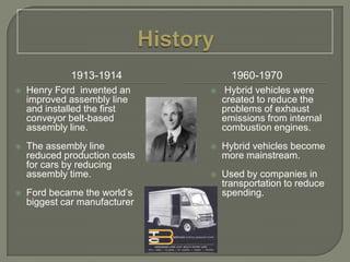 History1913-19141960-1970Henry Ford invented an improved assembly line and installed the first conveyor belt-based assembly line.The assembly line reduced production costs for cars by reducing assembly time.Ford became the world’s biggest car manufacturer Hybrid vehicles were created to reduce the problems of exhaust emissions from internal combustion engines. Hybrid vehicles become more mainstream.Used by companies in transportation to reduce spending.