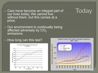 TodayCars have become an integral part of our lives today. We cannot live without them, but this comes at a price.Our environment is continually being affected adversely by CO2  emissions.How long can this last?