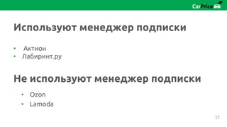 • Актион
• Лабиринт.ру
• Ozon
• Lamoda
Используют менеджер подписки
Не используют менеджер подписки
12
 