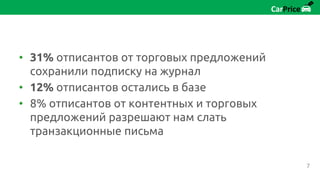 • 31% отписантов от торговых предложений
сохранили подписку на журнал
• 12% отписантов остались в базе
• 8% отписантов от контентных и торговых
предложений разрешают нам слать
транзакционные письма
7
 