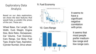 Exploratory Data
Analysis
Based on our data exploration,
we chose the best features that
would help us predict the prices
of the cars. These are :
Wheel Base, Car Length, Car
Width, Curb Weight, Engine
Size, Bore Ratio, Horsepower,
Car Volume, Fuel Economy,
Cars Range, Car Body, Fuel
Type, Engine Type, Aspiration,
Cylinder Number, Drive wheel
9. Fuel Economy
It seems to
have a
significant
negative
correlation
with price.
10. Cars Range
It seems that
most people
prefer medium-
low range and
low range cars.
 
