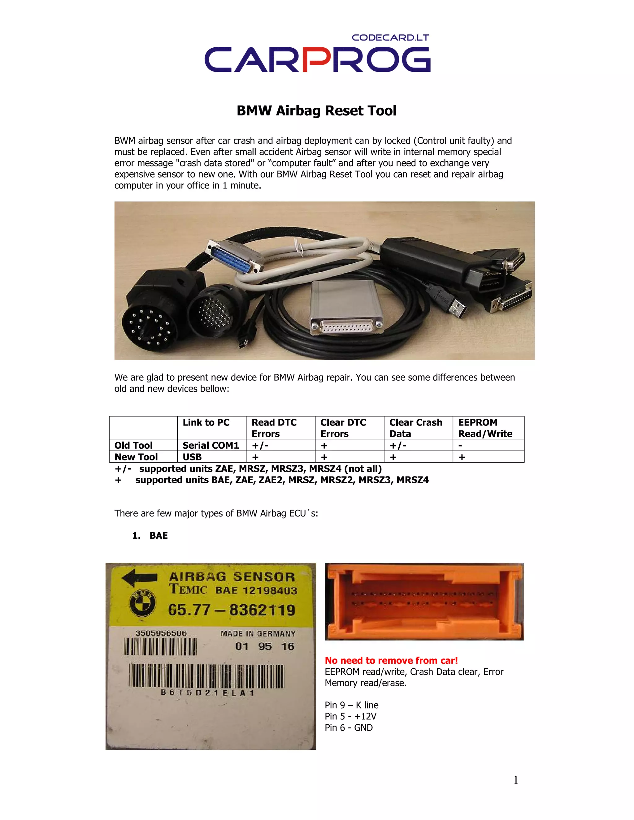 Carprog bmw airbag reset manual | PDF