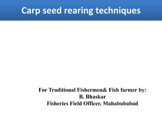 Carp seed rearing techniques
For Traditional Fishermen& Fish farmer by:
B. Bhaskar
Fisheries Field Officer, Mahabubabad
 