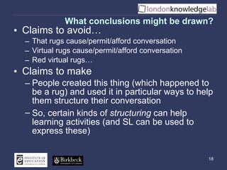 What conclusions might be drawn? <ul><li>Claims to avoid… </li></ul><ul><ul><li>That rugs cause/permit/afford conversation...