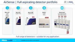 P A G E / 18
AirSense | Full aspirating detector portfolio
Micra 10*
1 pipe
entry,
limited
holes
Micra 25*
1 pipe entry
Micra 100*
2 pipe entry
HSSD2*
4 pipe
entry
ModuLaser*
1 to 8 pipe entries,
with pipe location
Full range of detectors – suitable for any application
* Availability may vary subject to local approval
 