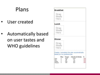 Plans
• User created
• Automatically based
on user tastes and
WHO guidelines
 