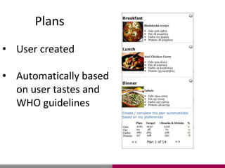 Plans
• User created
• Automatically based
on user tastes and
WHO guidelines
 
