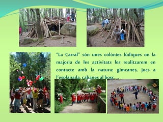 “La Carral” són unes colònies lúdiques on la
majoria de les activitats les realitzarem en
contacte amb la natura: gimcanes, jocs a
l’esplanada, cabanes al bosc,...
 