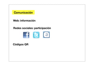 Comunicación

Web: información

Redes sociales: participación




Códigos QR
 