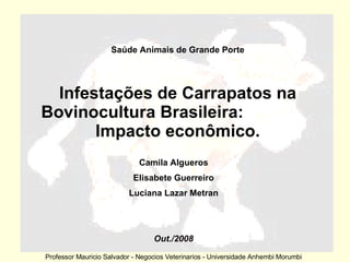 Infestações de Carrapatos na Bovinocultura Brasileira:  Impacto econômico. Saúde Animais de Grande Porte Camila Algueros Elisabete Guerreiro Luciana Lazar Metran Out./2008 