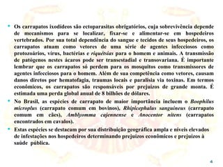 Os carrapatos ixodídeos são ectoparasitas obrigatórios, cuja sobrevivência depende de mecanismos para se localizar, fixar-se e alimentar-se em hospedeiros vertebrados. Por sua total dependência do sangue e tecidos de seus hospedeiros, os carrapatos atuam como vetores de uma série de agentes infecciosos como protozoários, vírus, bactérias e  riquétsias  para o homem e animais. A transmissão de patógenos nestes ácaros pode ser transestadial e transovariana. É importante lembrar que os carrapatos só perdem para os mosquitos como transmissores de agentes infecciosos para o homem. Além de sua competência como vetores, causam danos diretos por hematofagia, traumas locais e paralisia via toxinas. Em termos econômicos, os carrapatos são responsáveis por prejuízos de grande monta. É estimada uma perda global anual de 8 bilhões de dólares. No Brasil, as espécies de carrapato de maior importância incluem o  Boophilus microplus  (carrapato comum em bovinos),  Rhipicephalus sanguineus  (carrapato comum em cães),  Amblyomma cajennense  e  Anocentor nitens  (carrapatos encontrados em cavalos).  Estas espécies se destacam por sua distribuição geográfica ampla e níveis elevados de infestações nos hospedeiros determinando prejuízos econômicos e prejuízos à saúde  pública. 