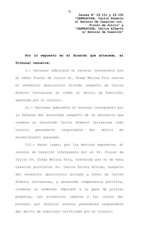 78
                                           Causas Nº 29.151 y 29.152
                                         “CARRASCOSA, Carlos Alberto
                                         s/ Recurso de Casación int.
                                                 Fiscal de Juicio” y
                                         “CARRASCOSA, Carlos Alberto
                                             s/ Recurso de Casación”




      Por lo expuesto en el Acuerdo que antecede, el

Tribunal resuelve:

      I.- Declarar admisible el recurso interpuesto por

el señor Fiscal de Juicio Dr. Diego Molina Pico contra

el   veredicto       absolutorio    dictado    respecto        de   Carlos

Alberto   Carrascosa       en    orden   al   delito      de   homicidio

agravado por el vínculo.

      II.- Declarar admisible el recurso interpuesto por

la Defensa del encartado respecto de la sentencia que

condena   al    encartado       Carlos   Alberto    Carrascosa        como

coautor     penalmente          responsable        del     delito       de

encubrimiento agravado.

      III.- Hacer lugar, por los motivos expuestos, al

recurso de Casación interpuesto por el Sr. Fiscal de

Juicio Dr. Diego Molina Pico, sostenido por el de esta

Casación provincial Dr. Carlos Arturo Altuve, respecto

del veredicto absolutorio dictado a favor de Carlos

Alberto Carrascosa, y asumiendo competencia positiva,

condenar al nombrado imputado a la pena de prisión

perpetua,      con    accesorias    legales    y    las    costas      del

proceso, por resultar coautor penalmente responsable

del delito de homicidio calificado por el vínculo.
 