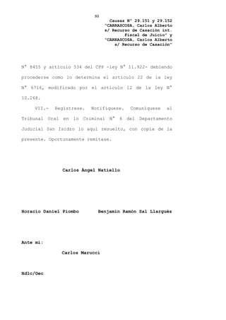 80
                                  Causas Nº 29.151 y 29.152
                                “CARRASCOSA, Carlos Alberto
                                s/ Recurso de Casación int.
                                        Fiscal de Juicio” y
                                “CARRASCOSA, Carlos Alberto
                                    s/ Recurso de Casación”




N° 8455 y artículo 534 del CPP -ley N° 11.922- debiendo

procederse como lo determina el artículo 22 de la ley

N° 6716, modificado por el artículo 12 de la ley N°

10.268.

    VII.-   Regístrese.   Notifíquese.    Comuníquese   al

Tribunal Oral en lo Criminal N° 6 del Departamento

Judicial San Isidro lo aquí resuelto, con copia de la

presente. Oportunamente remítase.




               Carlos Ángel Natiello




Horacio Daniel Piombo       Benjamín Ramón Sal Llargués




Ante mí:

              Carlos Marucci



Hdlc/Gec
 