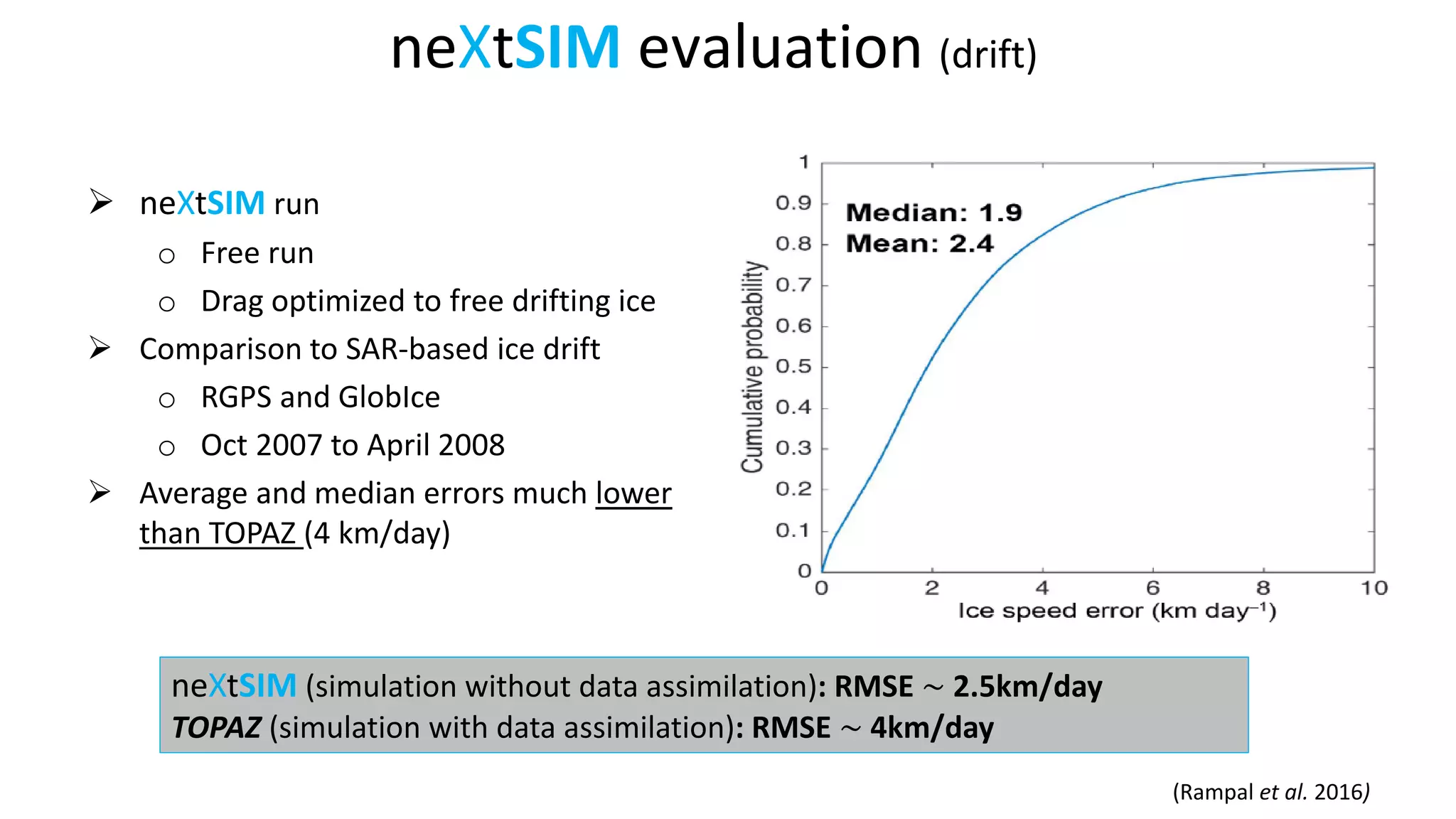  neXtSIM run
o Free run
o Drag optimized to free drifting ice
 Comparison to SAR-based ice drift
o RGPS and GlobIce
o Oct 2007 to April 2008
 Average and median errors much lower
than TOPAZ (4 km/day)
(Rampal et al. 2016)
neXtSIM (simulation without data assimilation): RMSE ∼ 2.5km/day
TOPAZ (simulation with data assimilation): RMSE ∼ 4km/day
neXtSIM evaluation (drift)
 