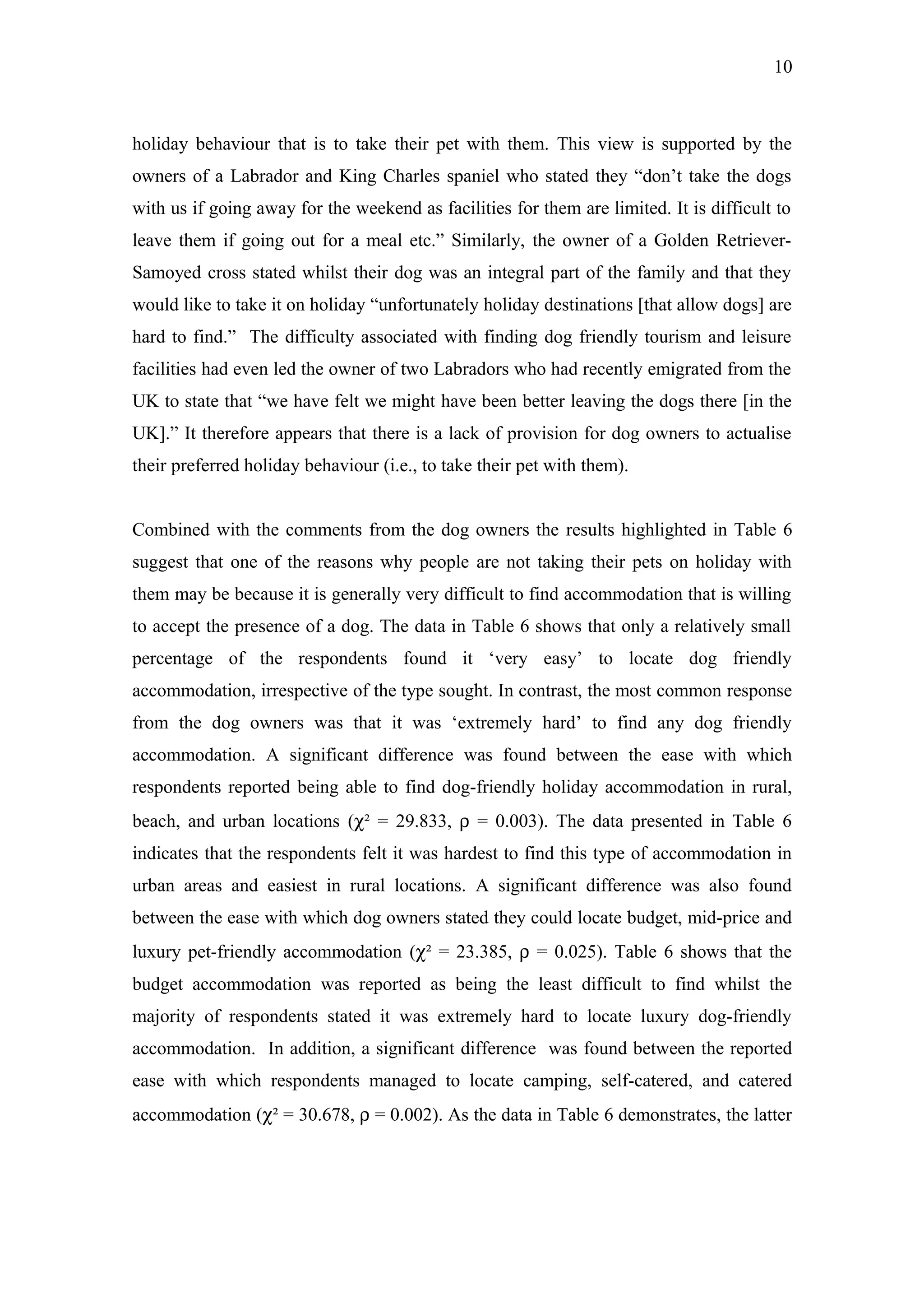 10



holiday behaviour that is to take their pet with them. This view is supported by the
owners of a Labrador and King Charles spaniel who stated they “don’t take the dogs
with us if going away for the weekend as facilities for them are limited. It is difficult to
leave them if going out for a meal etc.” Similarly, the owner of a Golden Retriever-
Samoyed cross stated whilst their dog was an integral part of the family and that they
would like to take it on holiday “unfortunately holiday destinations [that allow dogs] are
hard to find.” The difficulty associated with finding dog friendly tourism and leisure
facilities had even led the owner of two Labradors who had recently emigrated from the
UK to state that “we have felt we might have been better leaving the dogs there [in the
UK].” It therefore appears that there is a lack of provision for dog owners to actualise
their preferred holiday behaviour (i.e., to take their pet with them).


Combined with the comments from the dog owners the results highlighted in Table 6
suggest that one of the reasons why people are not taking their pets on holiday with
them may be because it is generally very difficult to find accommodation that is willing
to accept the presence of a dog. The data in Table 6 shows that only a relatively small
percentage of the respondents found it ‘very easy’ to locate dog friendly
accommodation, irrespective of the type sought. In contrast, the most common response
from the dog owners was that it was ‘extremely hard’ to find any dog friendly
accommodation. A significant difference was found between the ease with which
respondents reported being able to find dog-friendly holiday accommodation in rural,
beach, and urban locations (χ² = 29.833, ρ = 0.003). The data presented in Table 6
indicates that the respondents felt it was hardest to find this type of accommodation in
urban areas and easiest in rural locations. A significant difference was also found
between the ease with which dog owners stated they could locate budget, mid-price and
luxury pet-friendly accommodation (χ² = 23.385, ρ = 0.025). Table 6 shows that the
budget accommodation was reported as being the least difficult to find whilst the
majority of respondents stated it was extremely hard to locate luxury dog-friendly
accommodation. In addition, a significant difference was found between the reported
ease with which respondents managed to locate camping, self-catered, and catered
accommodation (χ² = 30.678, ρ = 0.002). As the data in Table 6 demonstrates, the latter
 