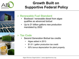 Growth Built on 
Supportive Federal Policy 
Ø Renewable Fuel Standard 
• Biodiesel / renewable diesel from algae 
qualifi...