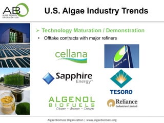 U.S. Algae Industry Trends 
Ø Technology Maturation / Demonstration 
• Offtake contracts with major refiners 
Algae 
Biom...