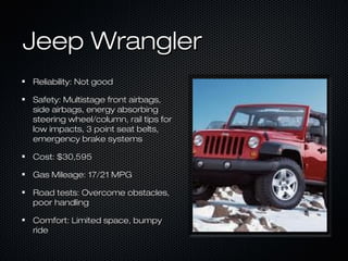 Jeep Wrangler
Reliability: Not good

Safety: Multistage front airbags,
side airbags, energy absorbing
steering wheel/colum...