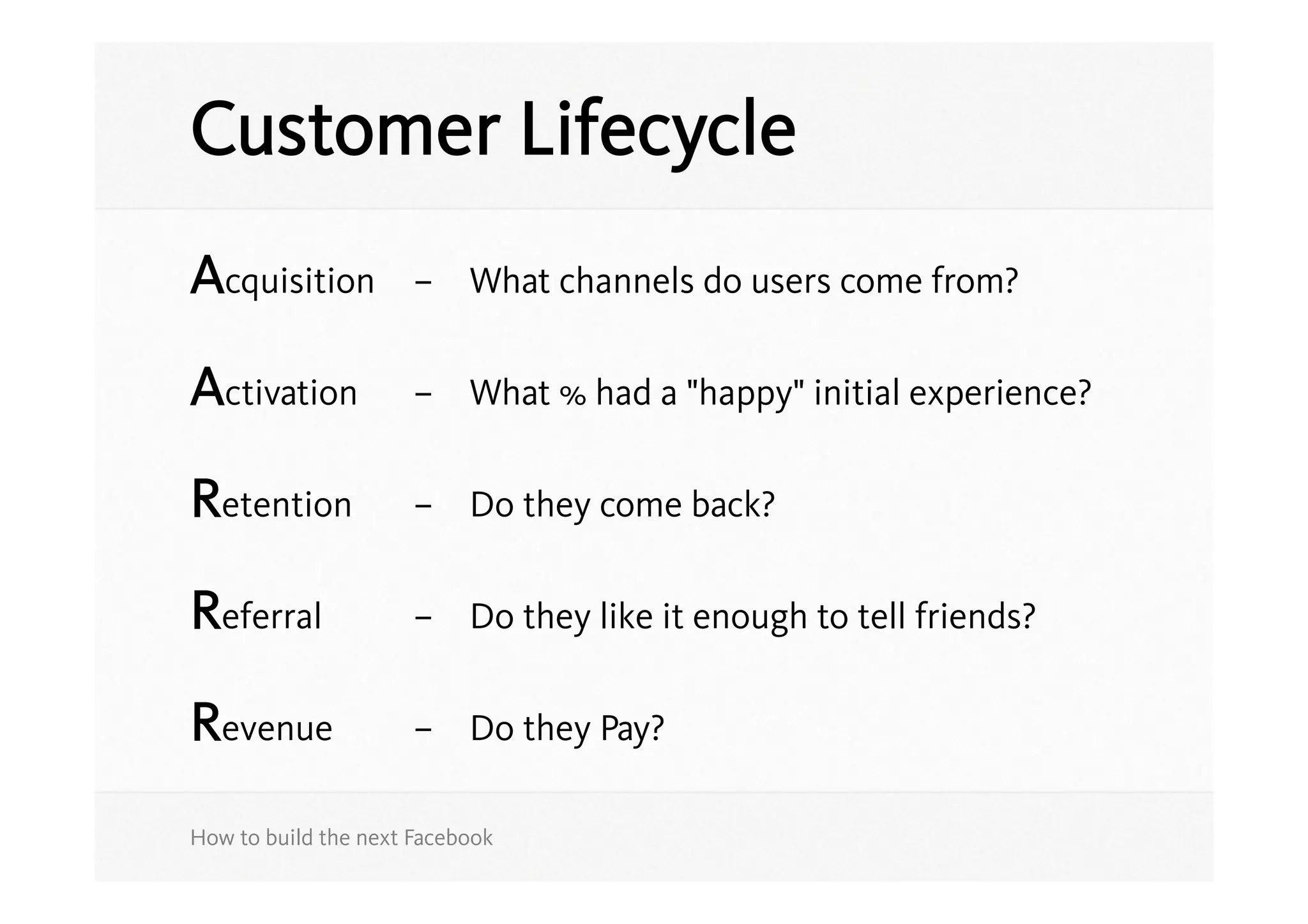 Customer Lifecycle
Acquisition           – What channels do users come from?


Activation            – What % had a "happy" initial experience?


Retention             – Do they come back?


Referral              – Do they like it enough to tell friends?


Revenue               – Do they Pay?

How to build the next Facebook
 