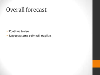 Overall forecast

• Continue to rise
• Maybe at some point will stabilize

 