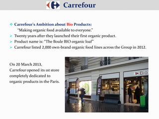  Carrefour's Ambition about Bio Products:
“Making organic food available to everyone.”
 Twenty years after they launched their first organic product.
 Product name is: “The Boule BIO organic loaf”
 Carrefour listed 2,000 own-brand organic food lines across the Group in 2012.
On 20 March 2013,
Carrefour opened its 1st store
completely dedicated to
organic products in the Paris.
Carrefour
 