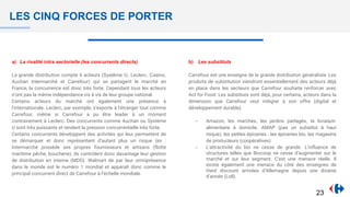 LES CINQ FORCES DE PORTER
a) La rivalité intra sectorielle (les concurrents directs)
La grande distribution compte 6 acteurs (Système U, Leclerc, Casino,
Auchan Intermarché et Carrefour) qui se partagent le marché en
France, la concurrence est donc très forte. Cependant tous les acteurs
n’ont pas la même indépendance vis à vis de leur groupe national.
Certains acteurs du marché ont également une présence à
l'internationale. Leclerc, par exemple, s'exporte à l'étranger tout comme
Carrefour, même si Carrefour a pu être leader à un moment
contrairement à Leclerc. Des concurrents comme Auchan ou Système
U sont très puissants et rendent la pression concurrentielle très forte.
Certains concurrents développent des activités qui leur permettent de
se démarquer et donc représentent d’autant plus un risque (ex :
Intermarché possède ses propres fournisseurs et artisans (flotte
maritime pêche, boucherie). Ils contrôlent donc davantage leur gestion
de distribution en interne (MDD). Walmart de par leur omniprésence
dans le monde est le numéro 1 mondial et apparaît donc comme le
principal concurrent direct de Carrefour à l’échelle mondiale.
b) Les substituts
Carrefour est une enseigne de la grande distribution généraliste. Les
produits de substitution viendront essentiellement des acteurs déjà
en place dans les secteurs que Carrefour souhaite renforcer avec
Act for Food. Les substituts sont déjà, pour certains, acteurs dans la
dimension que Carrefour veut intégrer à son offre (digital et
développement durable).
- Amazon, les marchés, les jardins partagés, la livraison
alimentaire à domicile, AMAP (pas un substitut à haut
risque), les petites épiceries , les épiceries bio, les magasins
de producteurs (coopératives)
- L'attractivité du bio ne cesse de grandir. L'influence de
structures telles que Biocoop ne cesse d’augmenter sur le
marché et sur leur segment. C'est une menace réelle. Il
existe également une menace du côté des enseignes de
Hard discount arrivées d’Allemagne depuis une dizaine
d’année (Lidl).
23
 