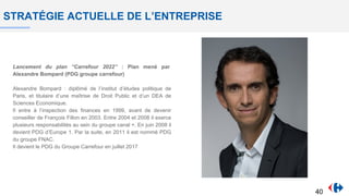 STRATÉGIE ACTUELLE DE L’ENTREPRISE
Lancement du plan “Carrefour 2022” : Plan mené par
Alexandre Bompard (PDG groupe carrefour)
Alexandre Bompard : diplômé de l’institut d’études politique de
Paris, et titulaire d’une maîtrise de Droit Public et d’un DEA de
Sciences Economique.
Il entre à l’inspection des finances en 1999, avant de devenir
conseiller de François Fillon en 2003. Entre 2004 et 2008 il exerce
plusieurs responsabilités au sein du groupe canal +. En juin 2008 il
devient PDG d’Europe 1. Par la suite, en 2011 il est nommé PDG
du groupe FNAC.
Il devient le PDG du Groupe Carrefour en juillet 2017
40
 