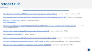 SITOGRAPHIE
https://fr.statista.com/statistiques/679646/part-de-marche-enseignes-grande-distribution-france/ : parts de marchés / enseignes en 2017
https://www.quechoisir.org/actualite-supermarche-le-palmares-des-enseignes-de-la-grande-distribution-n21349/ : palmarès des enseignes
http://www.fcd.fr/nos-actions/ : fédération commerce distribution
https://mediateur.fcd.fr/
http://www.lefigaro.fr/conjoncture/2018/06/22/20002-20180622ARTFIG00356-le-pouvoir-d-achat-a-recule-de-06-debut-2018.php : baisse
pouvoir d’achat en France
http://tpe-mdd.e-monsite.com/pages/3-les-mdd-avantages-et-inconvenients.html : marques de distributeur (MDD)
https://www.lsa-conso.fr/carrefour/ : Carrefour rapport LSA
http://www.carrefour.com/sites/default/files/cp_plan_de_transformation_23_01_2018_fr_0.pdf : plan de transformation Carrefour 2019
http://www.carrefour.com/sites/default/files/carrefour_-_rapport_annuel_2017.pdf : rapport Carrefour Act For Food - transition alimentaire
https://www.lsa-conso.fr/les-10-mesures-principales-du-plan-carrefour-2022,278327: Les mesures du plan Carrefour 2022
 