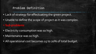 Problem Definition
▪ Lack of strategy for effectuating the green project.
▪ Unable to define the scope of project as it was complex.
▪ Sub problems
▪ Electricity consumption was so high.
▪ Maintenance was so high.
▪ All operational cost becomes 15 to 20% of total budget.
 