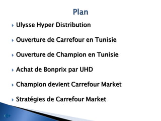    Ulysse Hyper Distribution

   Ouverture de Carrefour en Tunisie

   Ouverture de Champion en Tunisie

   Achat de Bonprix par UHD

   Champion devient Carrefour Market

   Stratégies de Carrefour Market
 