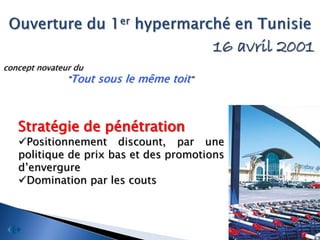 16 avril 2001
concept novateur du
               "Tout   sous le même toit"



   Stratégie de pénétration
   Positionnement discount, par une
   politique de prix bas et des promotions
   d’envergure
   Domination par les couts
 