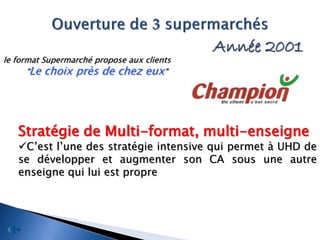 Année 2001
le format Supermarché propose aux clients
      "Le choix près de chez eux"




   Stratégie de Multi-format, multi-enseigne
   C’est l’une des stratégie intensive qui permet à UHD de
   se développer et augmenter son CA sous une autre
   enseigne qui lui est propre
 