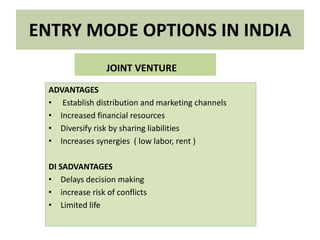 ENTRY MODE OPTIONS IN INDIA
JOINT VENTURE
ADVANTAGES
• Establish distribution and marketing channels
• Increased financial resources
• Diversify risk by sharing liabilities
• Increases synergies ( low labor, rent )
DI SADVANTAGES
• Delays decision making
• increase risk of conflicts
• Limited life
 