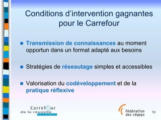 Conditions d’intervention gagnantes
pour le Carrefour


Transmission de connaissances au moment
opportun dans un format a...