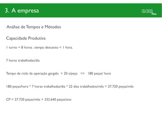 3. A empresa

Análise de Tempos e Métodos

Capacidade Produtiva
1 turno = 8 horas ; tempo descanso = 1 hora.


7 horas trabalhadas/dia


Tempo de ciclo da operação gargalo = 20 s/peça => 180 peças/ hora


180 peças/hora * 7 horas trabalhadas/dia * 22 dias trabalhados/mês = 27.720 peças/mês


CP = 27.720 peças/mês = 332.640 peças/ano
 