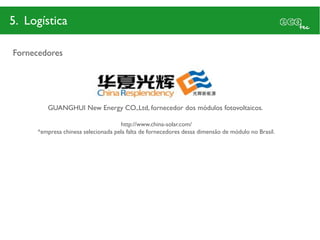 5. Logística

Fornecedores




         GUANGHUI New Energy CO.,Ltd, fornecedor dos módulos fotovoltaicos.

                                      http://www.china-solar.com/
      *empresa chinesa selecionada pela falta de fornecedores dessa dimensão de módulo no Brasil.
 