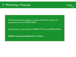 7. Marketing e Finanças




    27.720 peças/mês produzidas e vendidas a R$ 35,00 obtemos um
    faturamento bruto de R$970.200,00


    Descontando o custo mensal de R$594.177,94 temos: R$376.022.06


    Payback em aproximadamente 3 meses
 