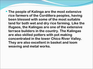 The people of Kalinga are the most extensive rice farmers of the Cordillera peoples, having been blessed with some of the most suitable land for both wet and dry rice farming. Like the Ifugaos, the Kalingas are one of the extensive terrace builders in the country. The Kalingas are also skilled potters with pot making concentrated in the lower Chico River Valley. They are also excellent in basket and loom weaving and metal works. 